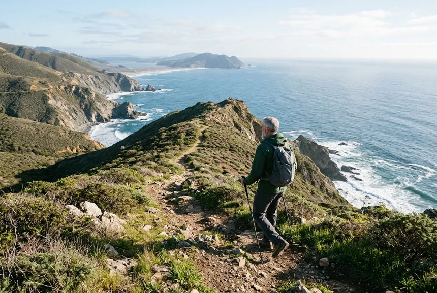 Strong man in his fifties hiking a coastal trail