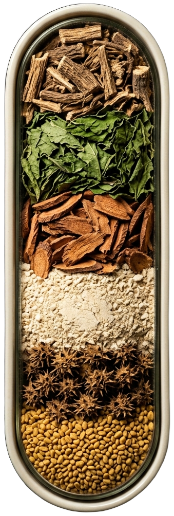 The six dried botanicals inside Erojan, layered in order