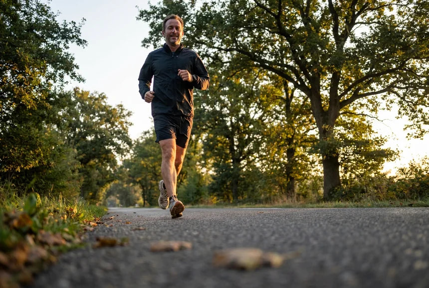 Man in his forties jogging at sunrise
