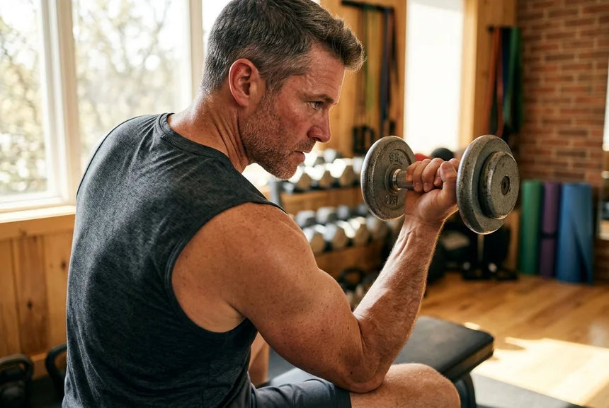 Fit man in his forties lifting a dumbbell in a bright home gym