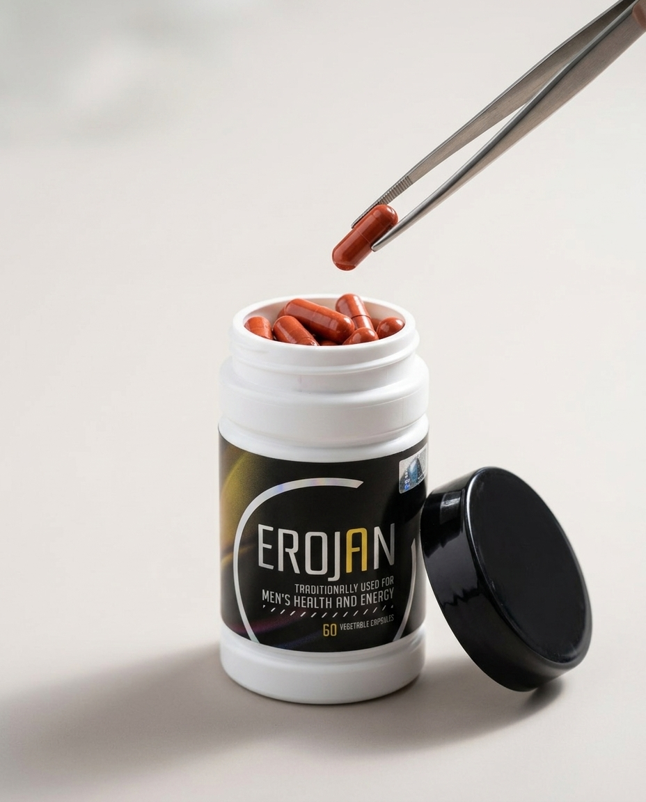 Open Erojan jar with tweezers placing a capsule