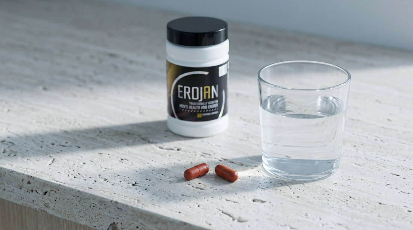 Erojan jar, two capsules and a glass of water on a bright counter